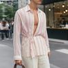 INCERUN Men Lapel Neck Long Sleeve Striped Side Lace-up Casual Oversized Shirts
