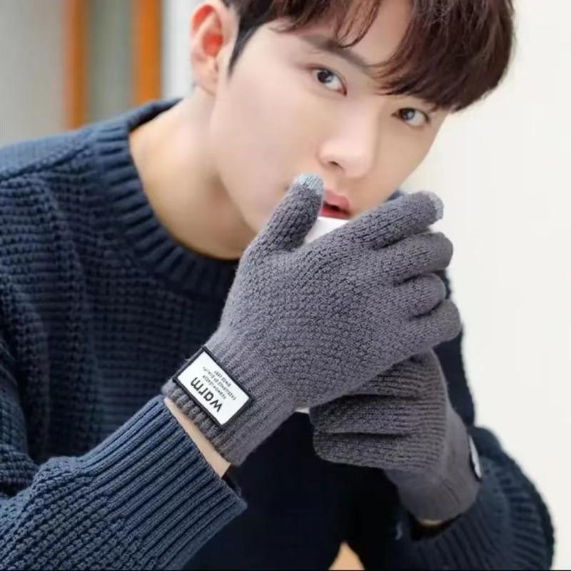 Knitted wool gloves non-slip five-finger plush split-finger gloves for men and women, thickened in autumn and winter, warm cycling