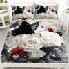 1pc Grey Fitted Sheet Red Rose Flowers Butterfly Print 100% Polyester Cover Breathable Bedding Set Home Decor Without Pillowcase