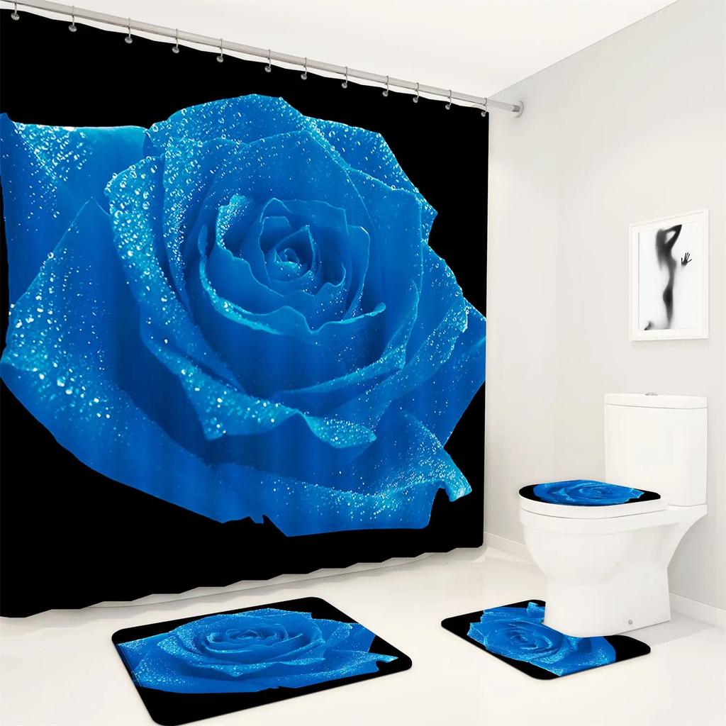 Blue Rose Flowers Waterproof Bathroom Shower Curtain Set Polyester Toilet Seat Cover Bath Nonslip Mat Rug Carpet Home Decor