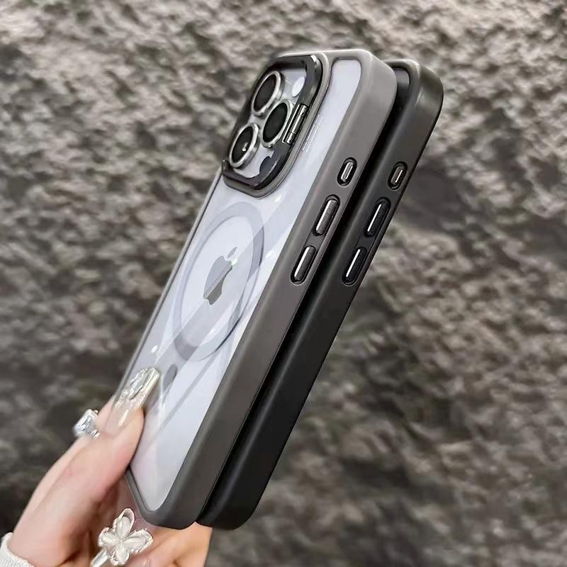 With Camera Glass Metal Lens Bracket Acrylic Clear Cover Magnetic Transparent Phone Case for Iphone 13 14 15 16 17Pro Max Cases