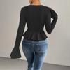 Women Tops Slim Fit V Neck Flared Long Sleeve Ruffle Detail Knitting Tops Solid Color Buttons Closure Winter Sweater