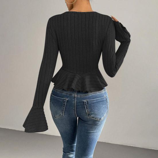 Women Tops Slim Fit V Neck Flared Long Sleeve Ruffle Detail Knitting Tops Solid Color Buttons Closure Winter Sweater