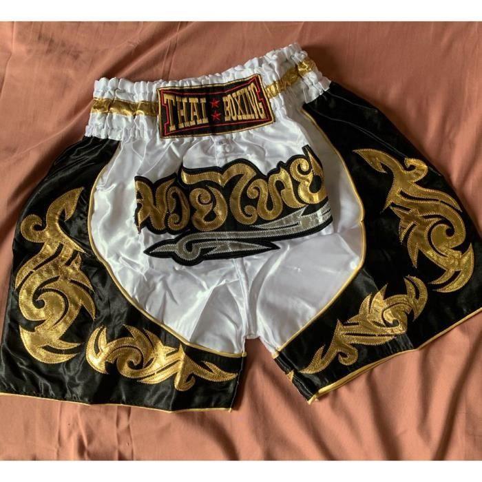 Short Enfant - THAI Boxe Kickboxing - Couleur Blanche - Taille 12-14 ans - 100% Satin Polyester