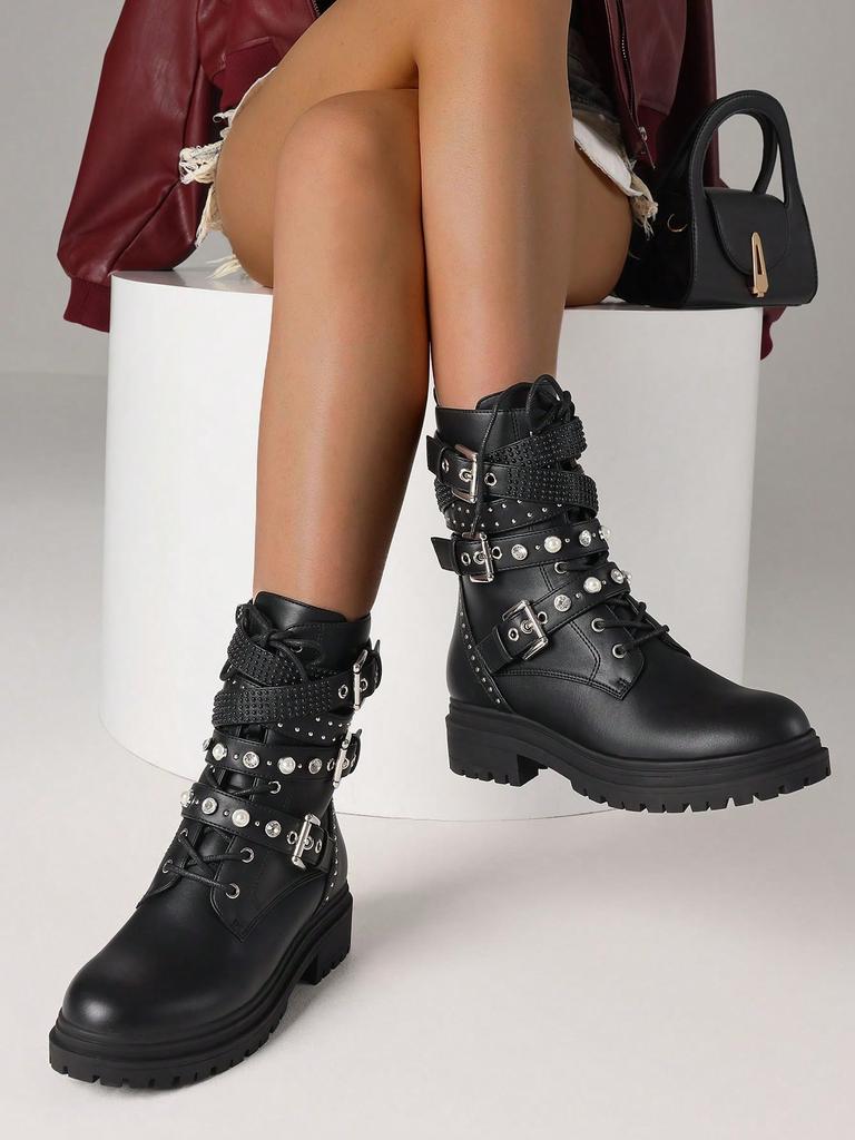 Damen Punk Kampfstiefel Herbst Knöchel Schnalle Riemen Nieten Perlen Strasssteine Seitlicher Reißverschluss Plateau Schnürschuhe Herbstschuhe