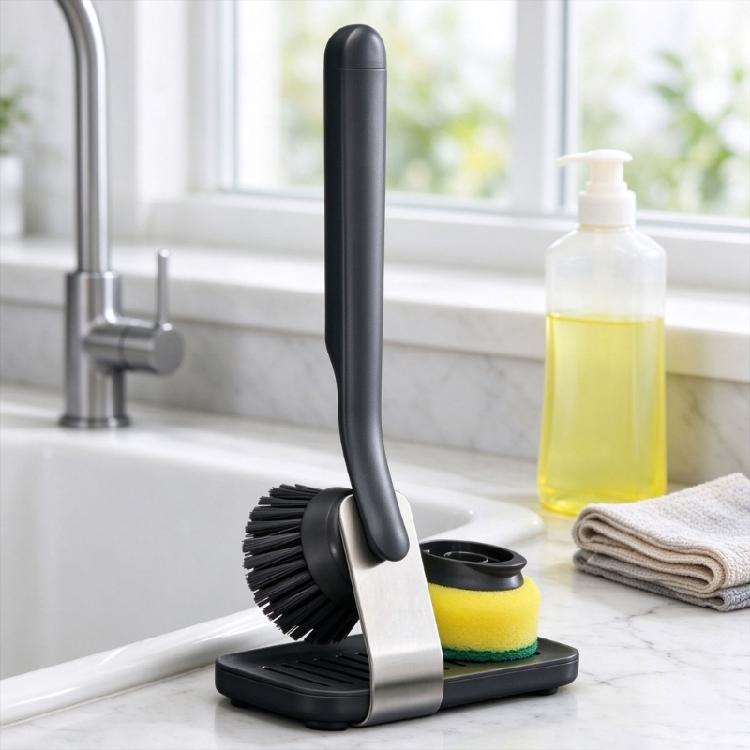 Handheld Dish Brush with Press-to-Dispense Soap Delivery, Flexible Pad, Fiber Brush Attachment, and Standing Base for Kitchen Cleaning