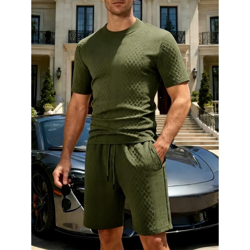 Mens Black Diamond Textured Short Sleeve T-Shirt and Casual Shorts Set