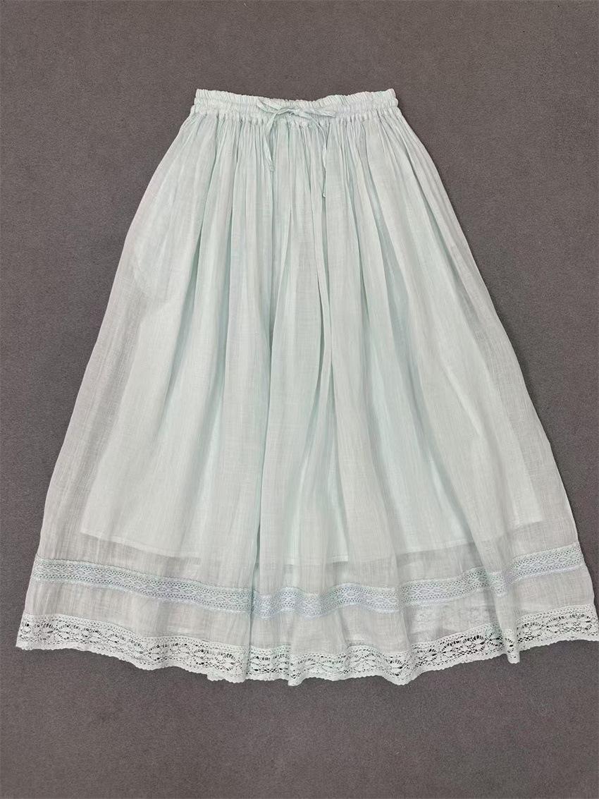 

Johnature Lace Skirts Women Summer Lace-up Elasticated Solid Color Casual Simple Loose Skirts One Size