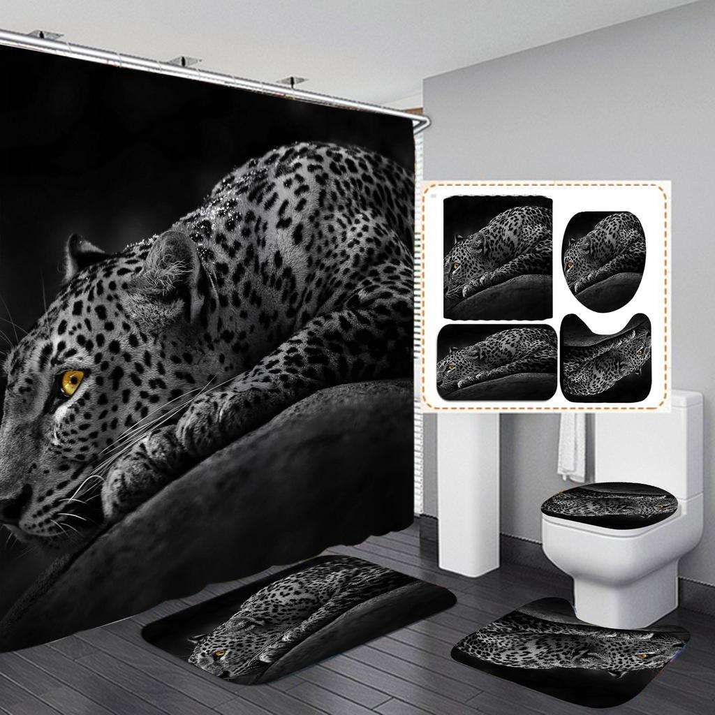4Pcs Leopard Series Shower Curtain Sets for Bathroom Non-Slip Bathroom Rugs Lid Toilet Cover Bath Mat