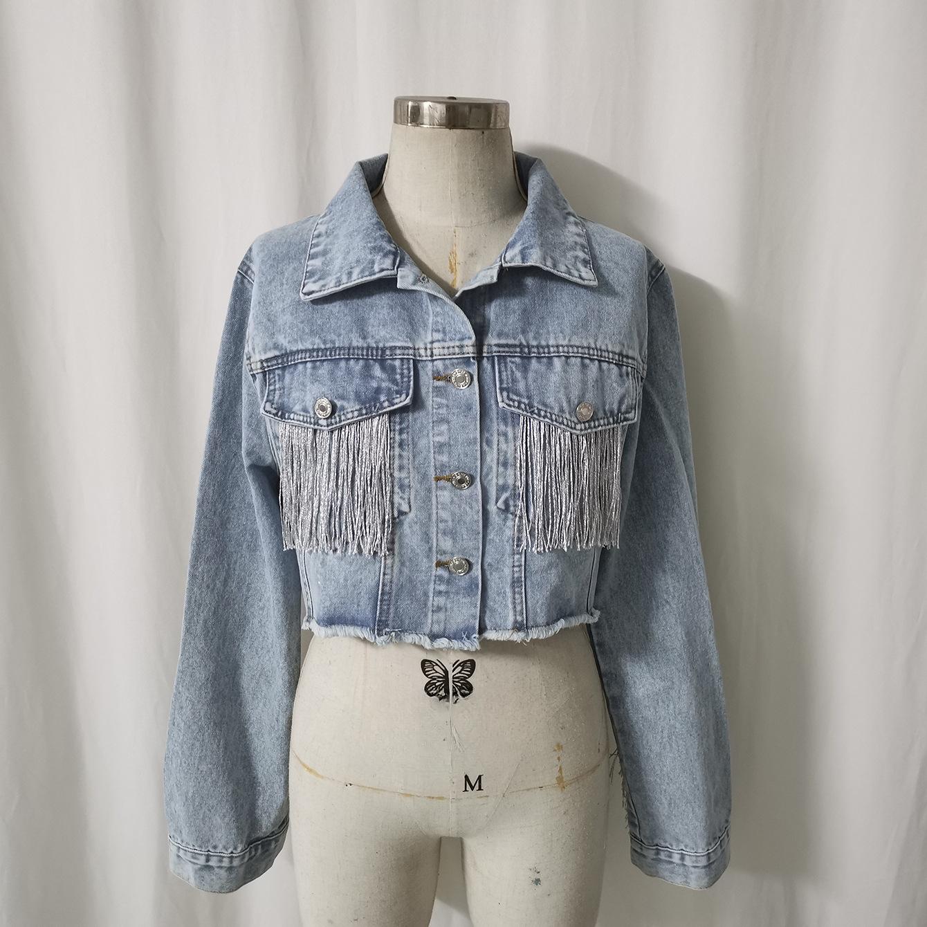 

Весенне-осенняя джинсовая куртка женская модная куртка с бахромой M светло-синий