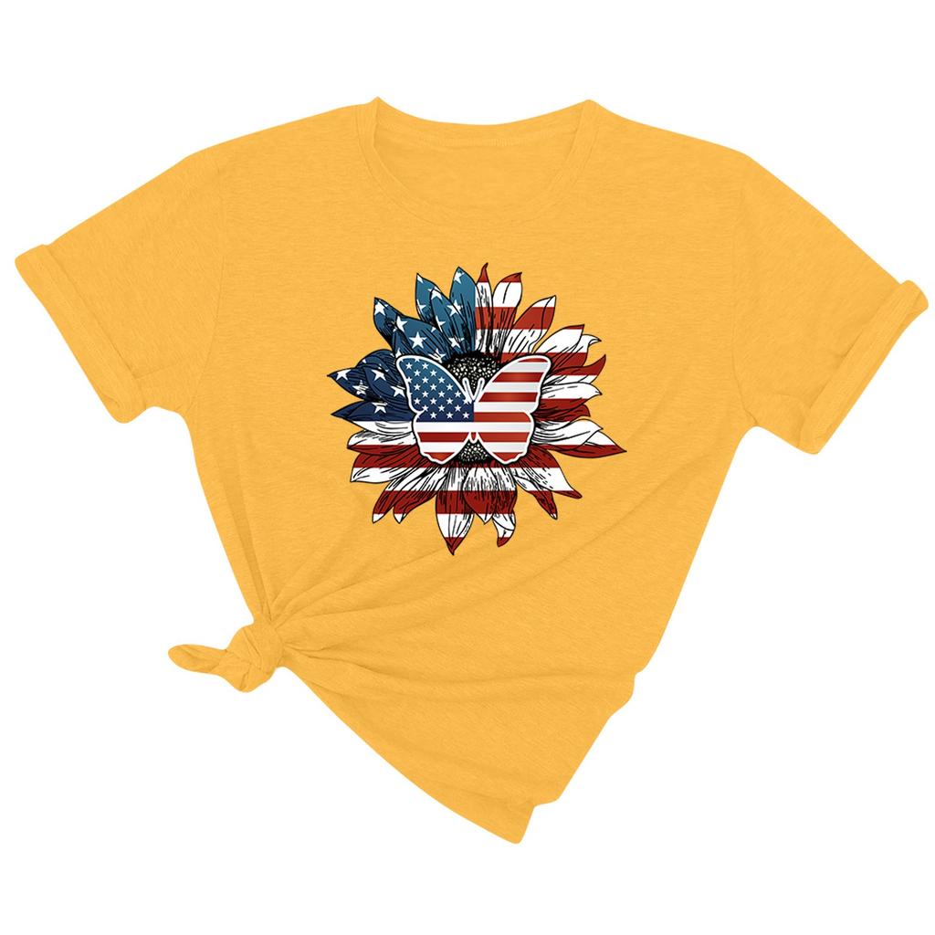 Women's Summer Casual Loose Sunflower Print T-shirt Round Neck Pullover Short Sleeve