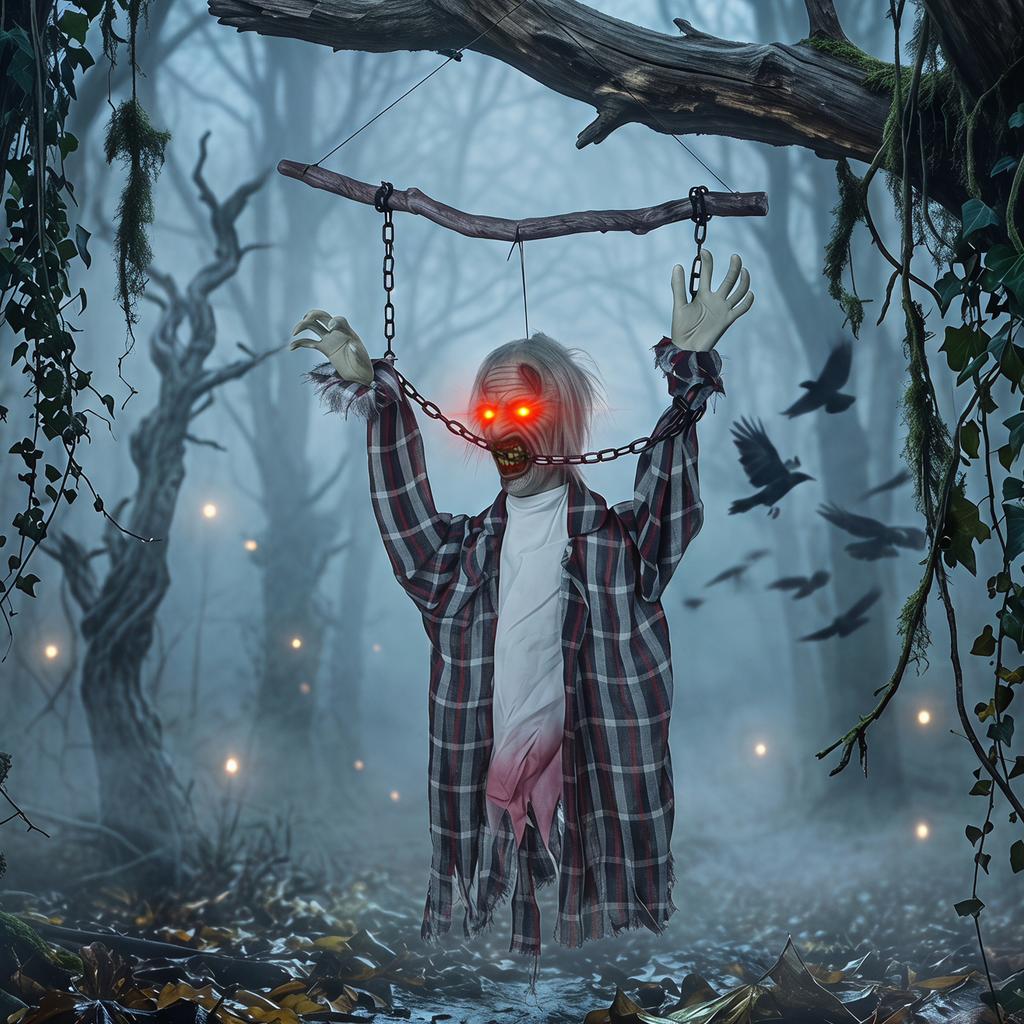 110cm Screaming Animated Hanging Halloween Decoration, Sound Touch Activated Zombie Decor with Glowing Red Eyes