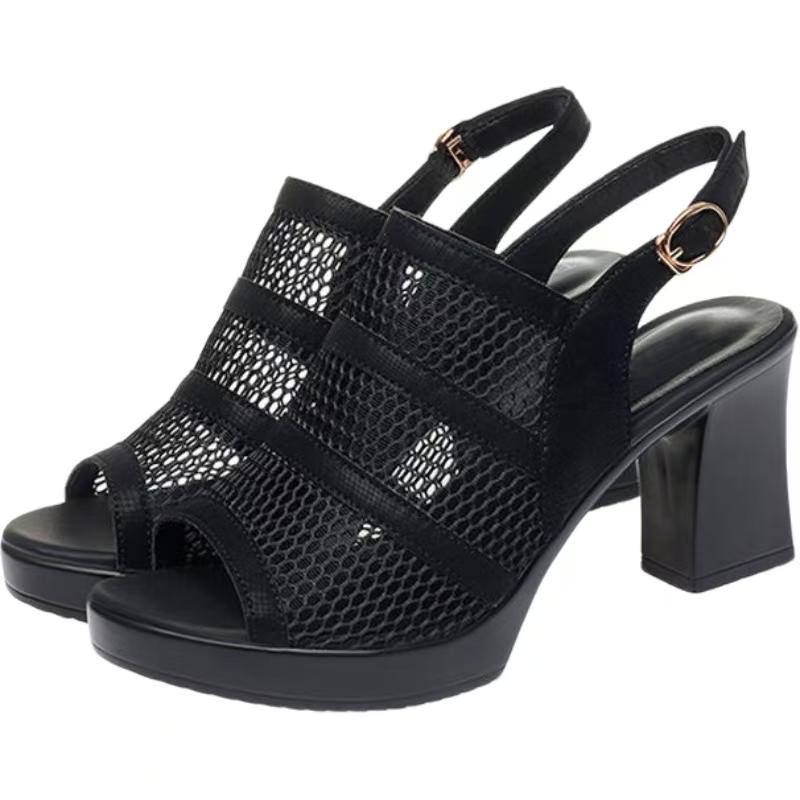 Women's Summer New Leather Hollow Out Peep Toe Sandals Thick Sole Non Slip Block Heel Slip On Modern Sandals High Heel Sandals
