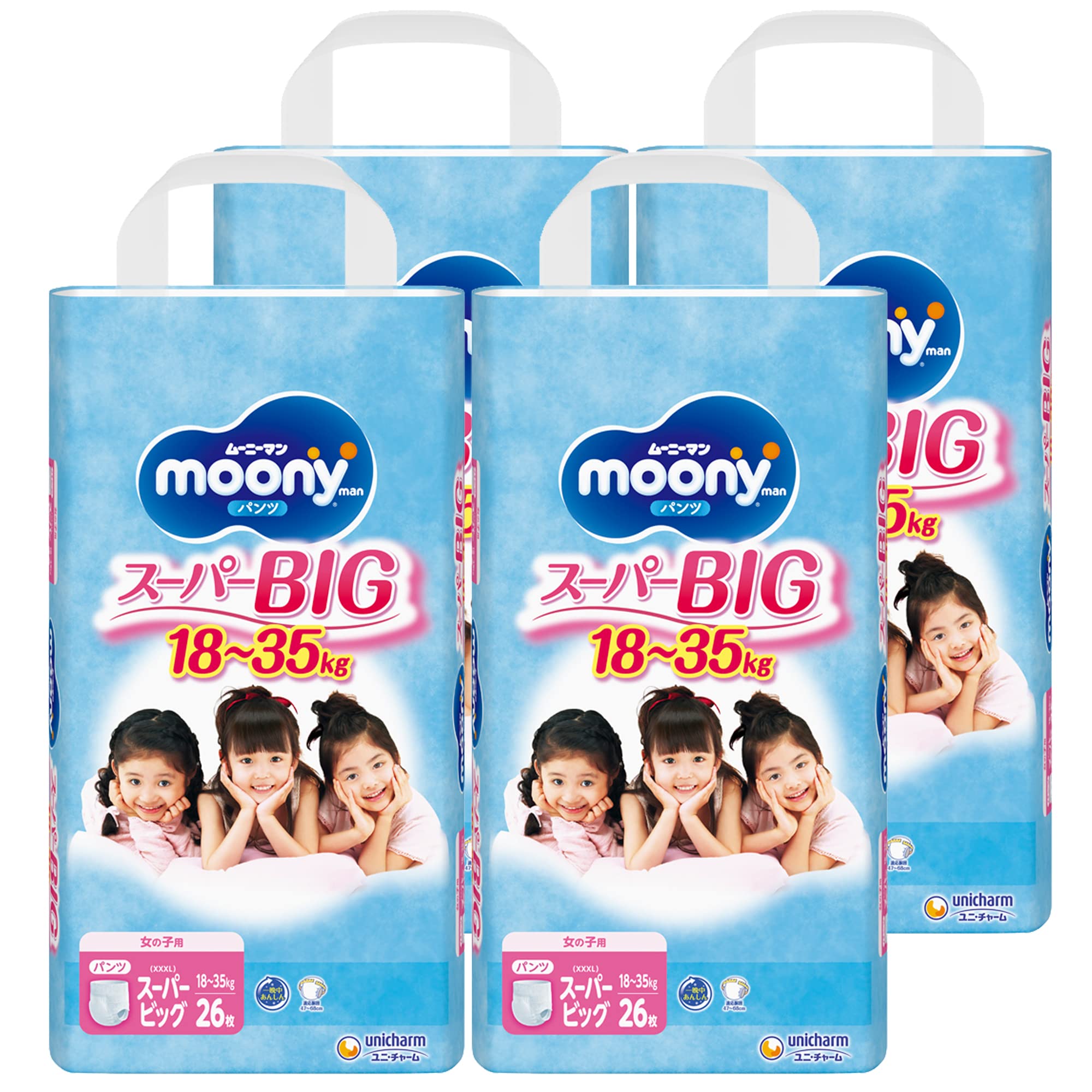 

Подгузники для девочек Super Big Moonyman 104 штуки x [Размер штанов] (18-35 кг) (26 4) [Элемент дела] белый
