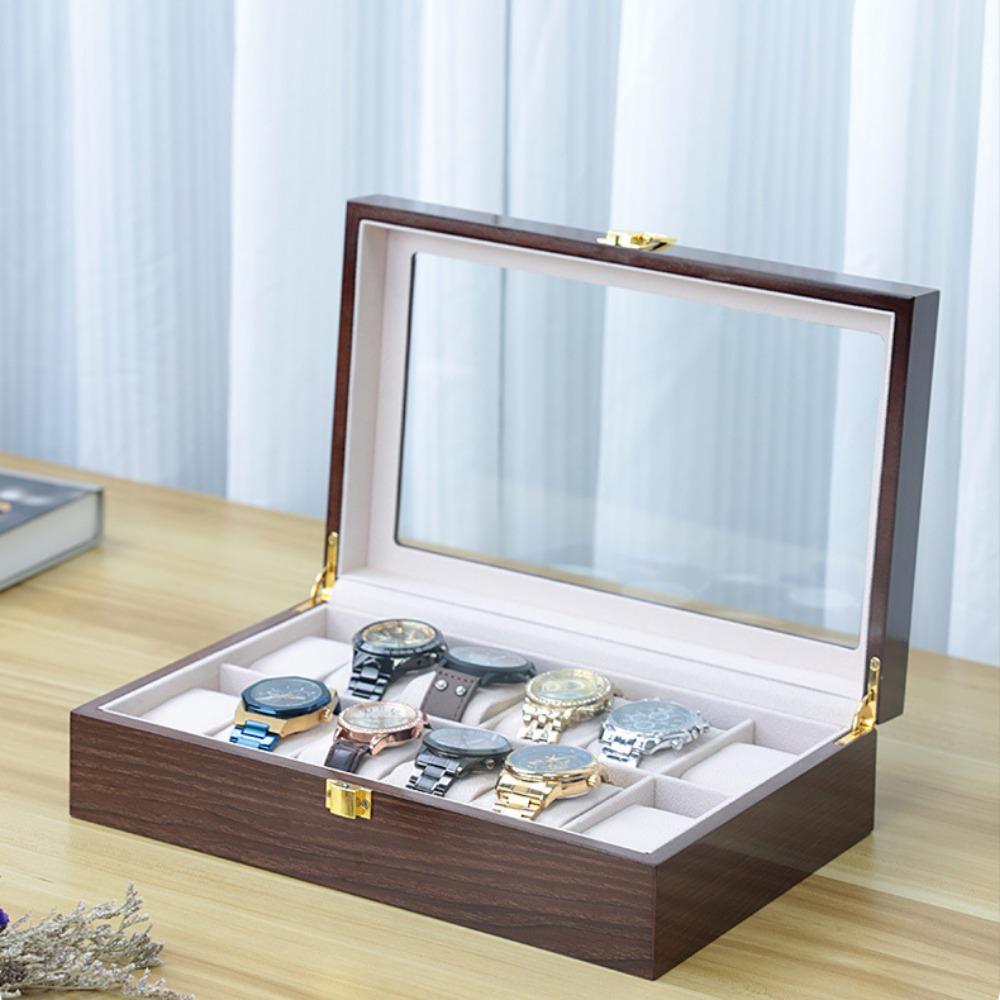 Watch Box, Wooden Watch Organizer, High-end Watch Storage Box, 10 Slots Display Case with Large Glass Lid, Ideal Gift