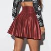 Women Pleated Skirt Faux Leather High Waist A-line Loose Hem Solid Color Clubwear Party Dance Skirt Above Knee Length Mini Skirt