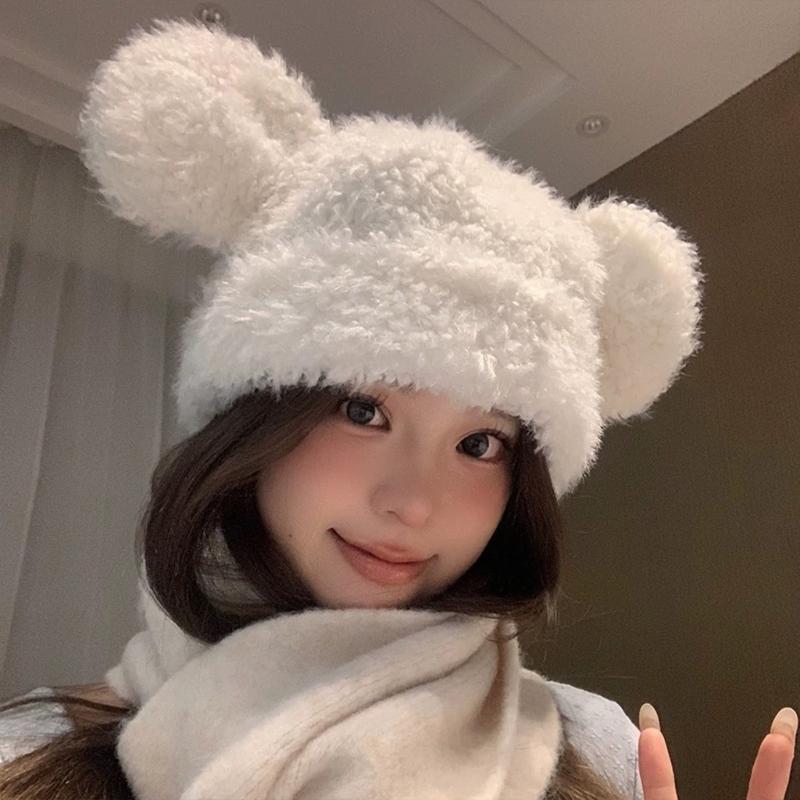 Furry Cartoon Bear Hat with Lovely Ear for Outdoor Sports Furry Hat with Ear Oversized Headgear Hat for Winter