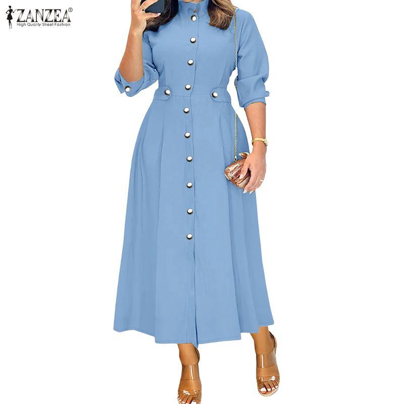ZANZEA Women Elegant Casual Stand Collar Long Sleeve Plain Dress