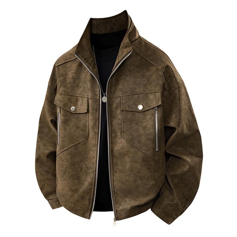 Updated Spring and Autumn Mens PU Hong Kong Style Leather Jacket Lapel Motorcycle Jacket Leather Jacket Relaxed Fit Leisure Jacket Top