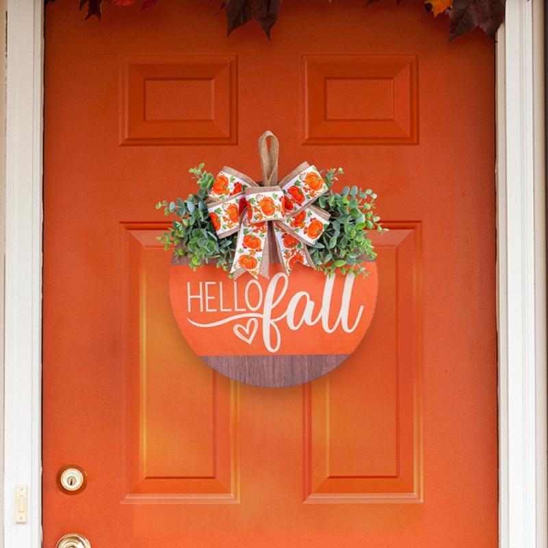 Vibranting Hand Carveds Pumpkins with Bowknot Designs Sturdy Wood Decoration for Seasonal Window and Door Display