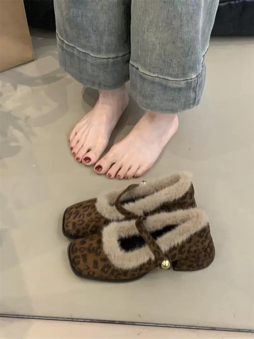 

Retro thick heel small fragrant fluffy shoes women s velvet warm Mary Jane shoes square head cotton single shoes 40 леопард друку кольору