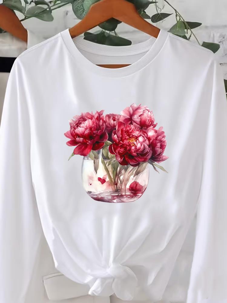 (Asian Size) O-neck Women T Shirt Tee Lady Watercolor Flower Trend Printed Female Clothing Casual Fashion Top Long Sleeve  Graphic T-shirts