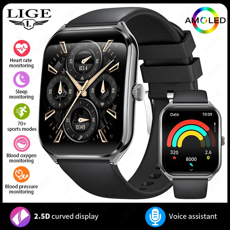 LIGE Ultra Thin Smart Watch Men 1.96 AMOLED Curved Display Always Show Time BT Call Heart Rate Smartwatch Lady For Android iOS чёрный