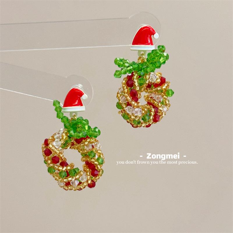 3D Christmas Tree Earrings with Red Bow - Heavy Beaded Crystal Ear Clips, Hand-Woven Holiday Accessories