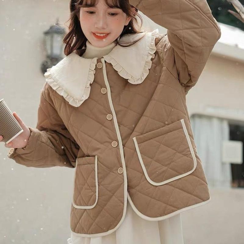 Women's Winter Retro Literary Academy Style Cotton Padded Jacket Thickened Warm Short Doll Collar Cotton Coat