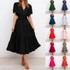 Women's Summer Casual V-Neck Solid Color Short Sleeve Neck Waist Long Boho Dress