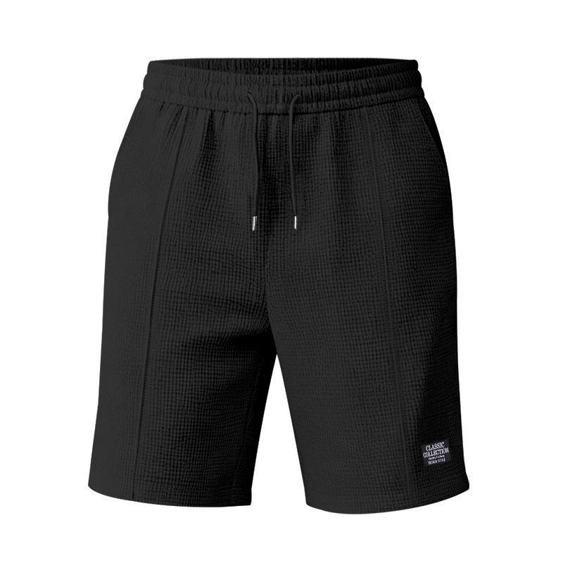 Men Casual Waffle Drawstring Elastic Waist Loose Beach Knee Length Shorts