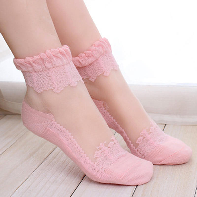 Summer Ladies Lace Embroidery Silk Transparent Glass Crystal Socks Breathable Stretch Women Socks 1 Pair Outdoor Casual Wear