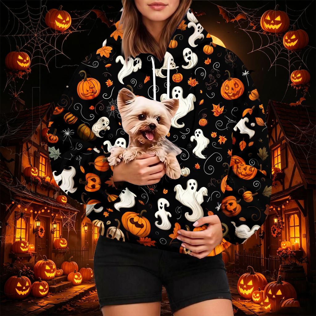 Women's Fashion Halloween Print Hoodie with Pet Pocket, Casual Pullover Sweatshirt for Fall