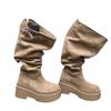 Fashion Women's Fashion Thick Heels Knee High Boots Khaki Flock Slip On Western Boots Woman Spring Autumn Soft Leather Short Botas Mujer