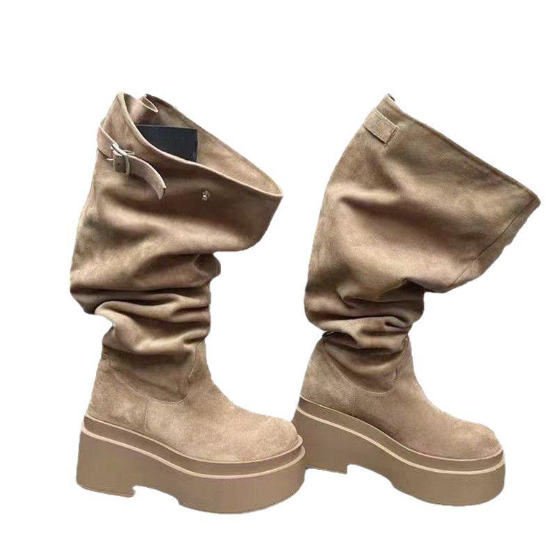 Fashion Women's Fashion Thick Heels Knee High Boots Khaki Flock Slip On Western Boots Woman Spring Autumn Soft Leather Short Botas Mujer
