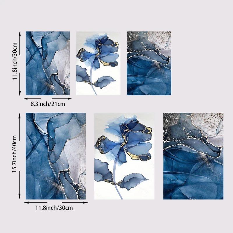 3pcs Frameless Nordic Abstract Blue Marble and Flowers Canvas Painting Wall Decorative Pictures for Living Room Poster and Print