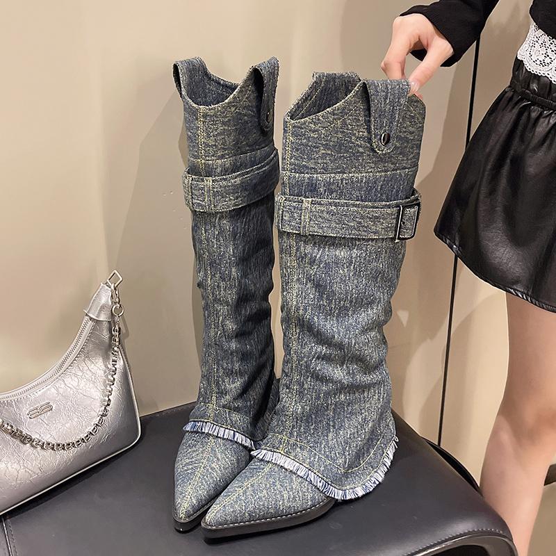 

Осенне-зимние женские ботильоны в стиле вестерн на толстом каблуке, модные туфли с острым носком, женские современные длинные ботильоны 42 серый
