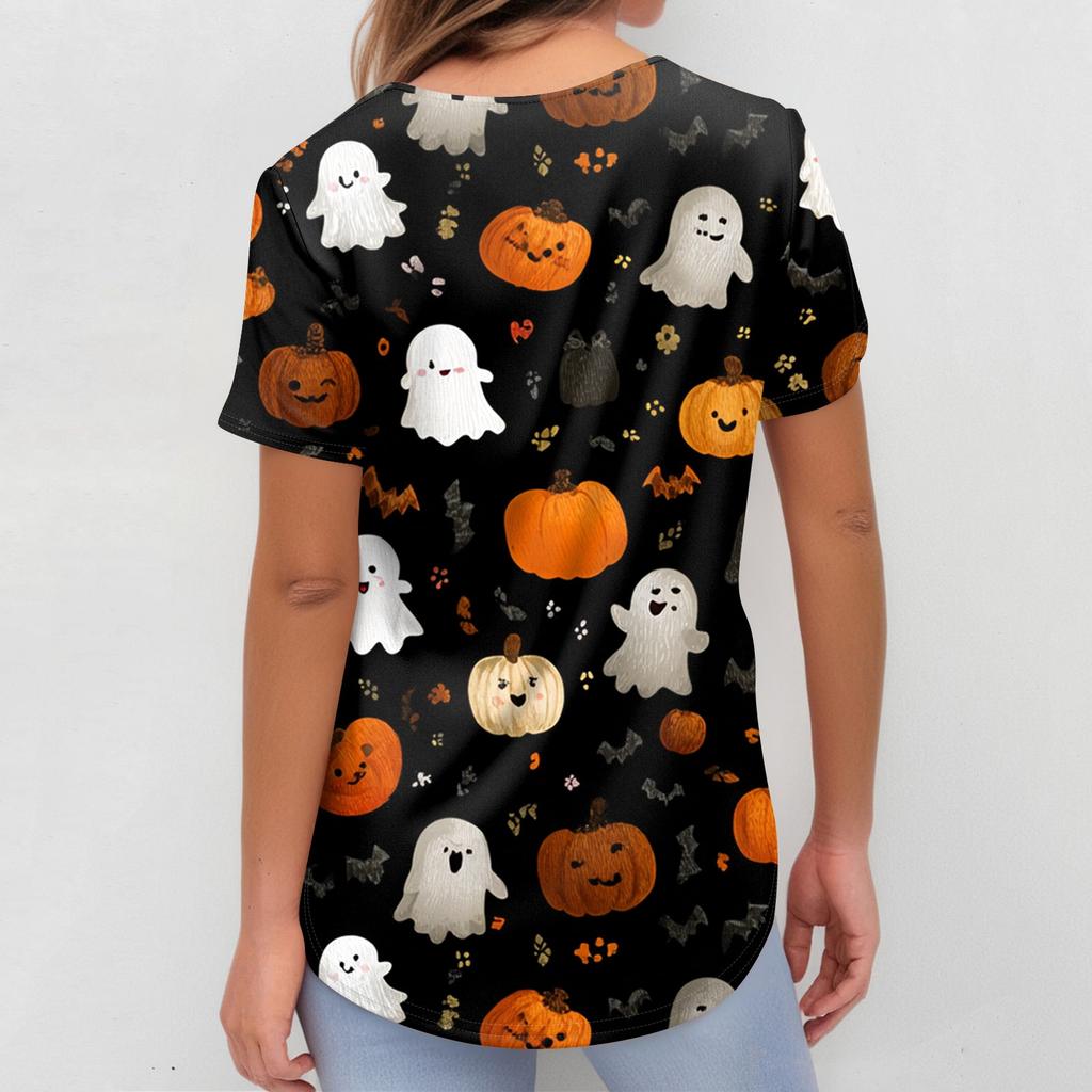 Dámská móda Krátký rukáv Halloweenský potisk Výstřih do V Kapsa Pracovní topy