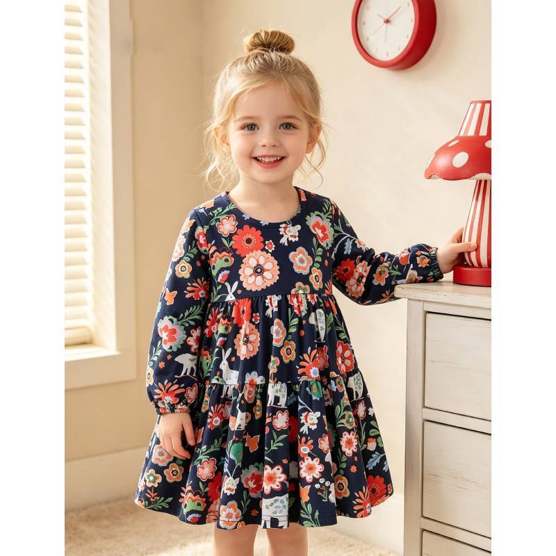 Girl Dress With Cartoon Animal Pattern Soft Cotton Winter Christmas Gift