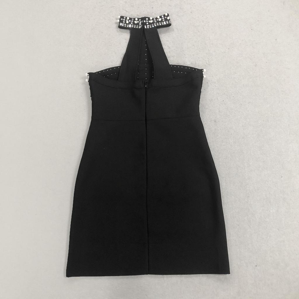 2025 Autumn/Winter European Fashion Pearl Rhinestone Halter Bandage Dress