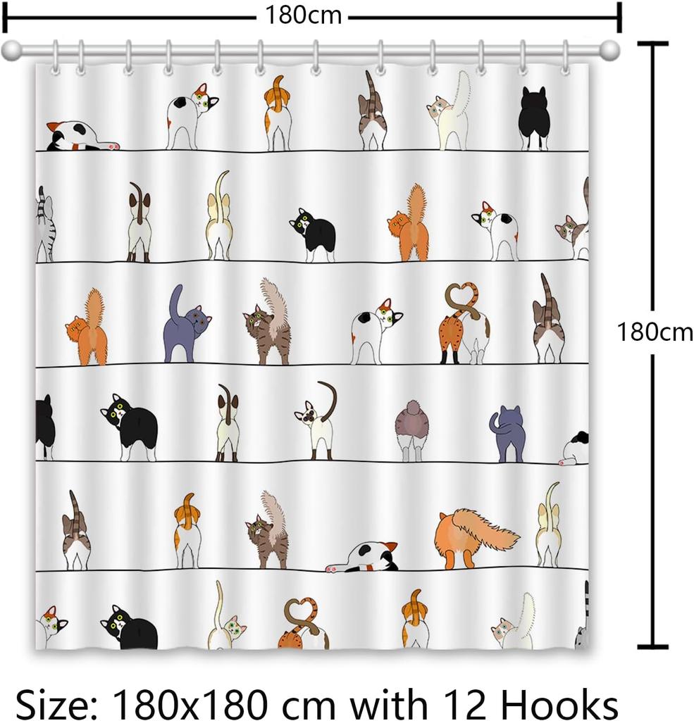 1 Pièce Rideau de Douche Salle de Bain Chat, Rideau de Douche Chat Mignon Dessin Animé, Rideau de Douche Tissu Imperméable, Décoration de Salle de Bain