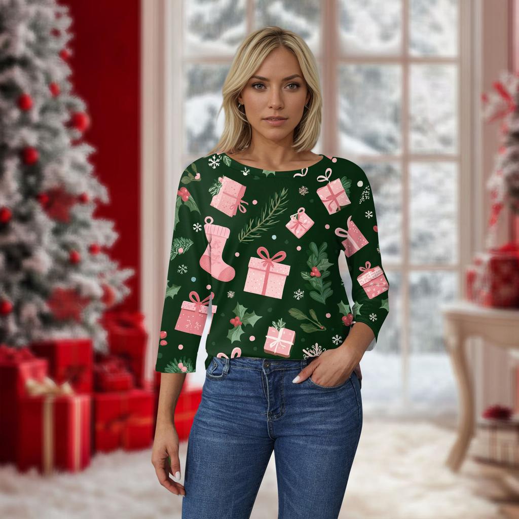 Women's O-Neck 3/4 Sleeve Christmas Print Top
