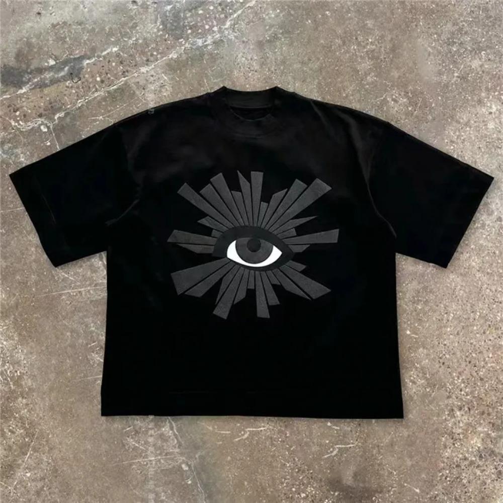 Oversize Puff Print Tee Men Women T-shirt High Street Vintage Black Short Sleeve Cotton Tops