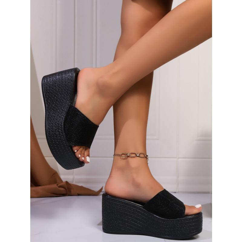 Women's Outerwear Slope Heel Slippers Women's Summer New Thick-bottomed Sequin Internet Celebrity Fashion Casual One-word Cool Slippers