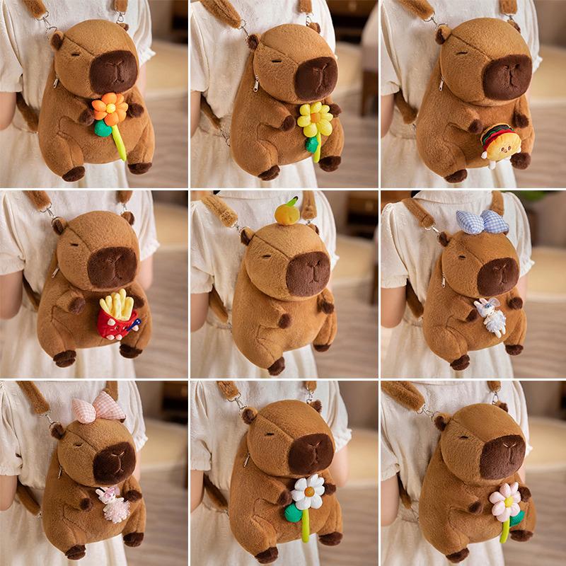 Kawaii Creative Animal Capybara Plush Backpack Doll Bow Food Fries Burger Flower Soft Plush Shoulder Bag Birthday Gift
