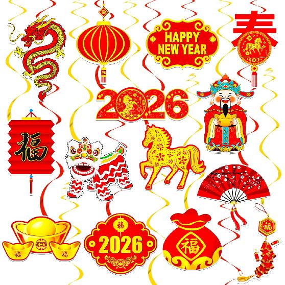 Happy Chinese New Year Hanging Swirls 2026 Chinese New Year Party Decoration Year of The Horse Themed Ceiling Swirls Spring Festival Hanging