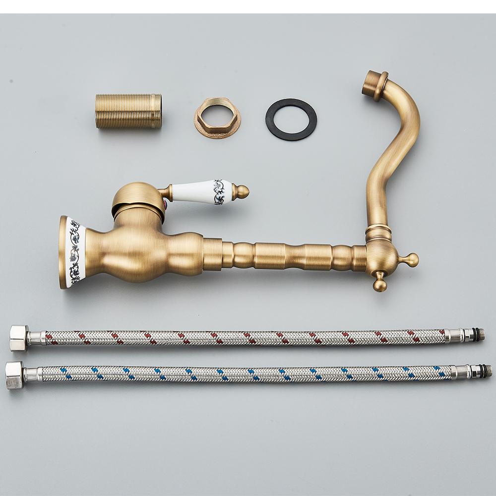 Antik Pirinç Lavabo Musluğu Tek Kollu Karıştırıcı Musluk 360 Derece Döndürme Mutfak Musluğu Mutfak Karıştırıcı Muslukları Sıcak ve Soğuk
