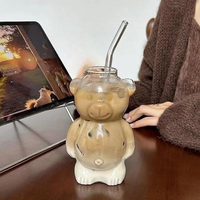 Taza de café creativa con forma de oso, de 320 ml, con pajita, transparente, para cerveza, leche, café, agua, juego de tazas de vidrio