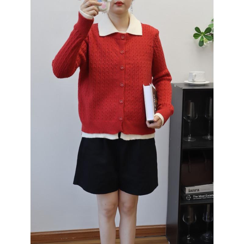 Polo Collar Long-sleeved Knitted Cardigan Autumn and Winter New Loose Design Fake Two-piece Splicing Sweater Jacket Women