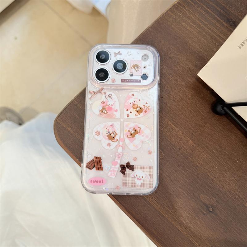 Kawaii Cartoon Bunny Bear Heart Glitter Clear Phone Case For iPhone 15 16 17 Pro Max INS Cute Large Window Shockproof Protective